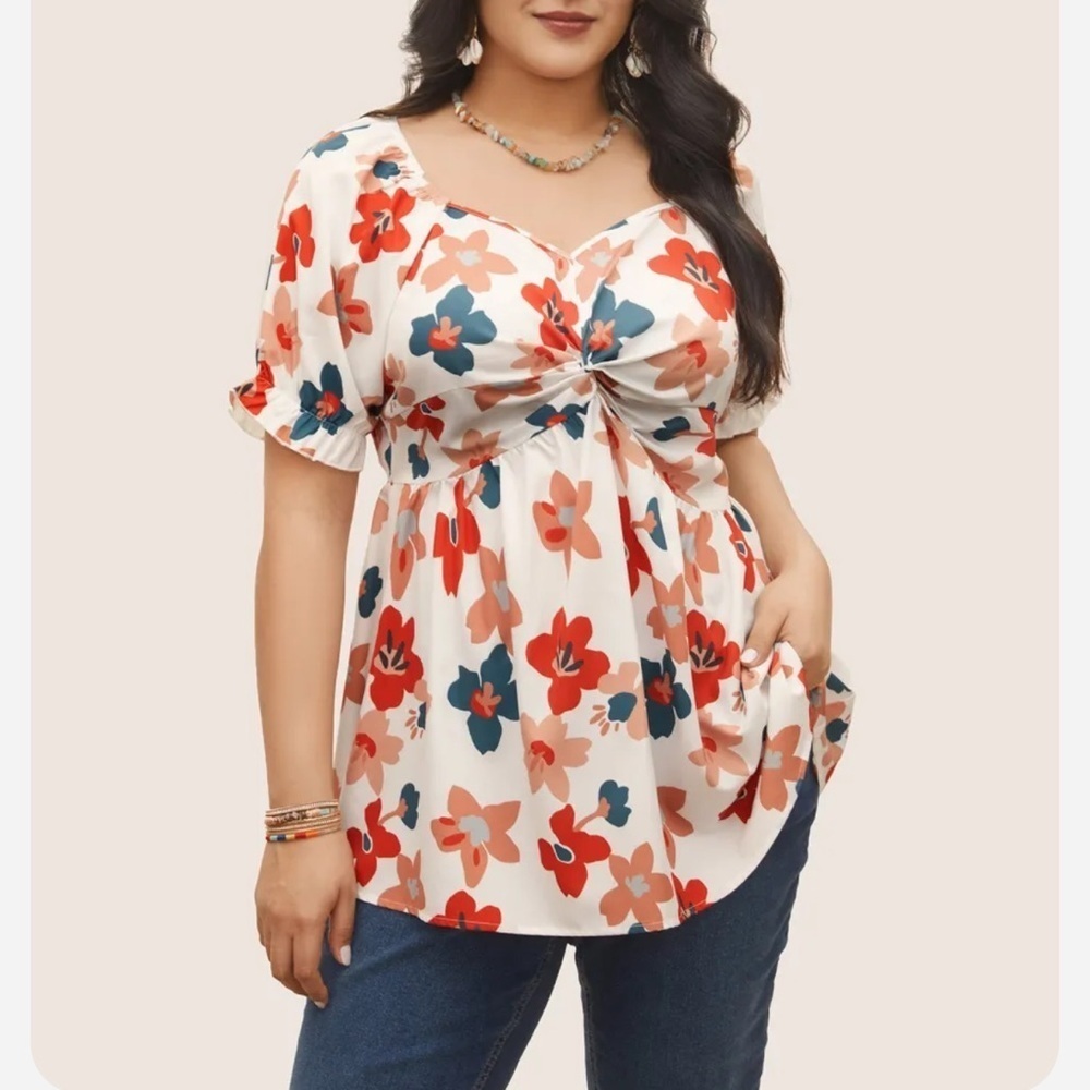 BloomChic Plus Size Floral Square Neck Twist Front Elastic Waist Blouse